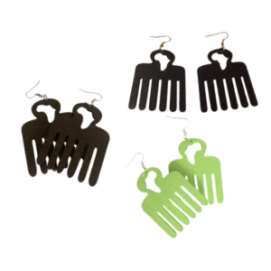 Natural Hair Wooden Afro Pick Dangle Earrings | Map of Africa Drop Symbolic Tribal Earrings