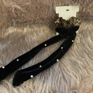Black Hair Scrunchy With Gold Sequins and Black Velvet Hair Tie With Tails and Pearls | Thick Hair | Shiny | Gold Sequins