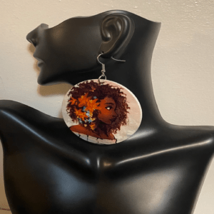 African American Woman Afro Puff | Colorful Hair Flowers Earrings | Wooden Dangle Afrocentric Curly Hair Jewelry