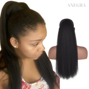 22" Straight Kinky Kanekalon Synthetic Long Drawstring Weave Ponytail With Two Combs | Color 1B Black | 4a 4b 4c Texture | Hair Extensions
