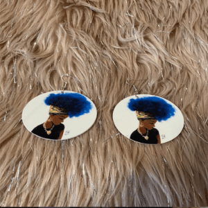 Afrocentric Woman with Bright Blue Afro and African Headband Earrings | Wash and Go Curly Hair Fro | Cross Chain