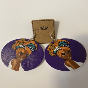 Purple Natural Hair Head Wrap Wooden Dangle Earrings | African American Woman Turban Afrocentric Jewelry