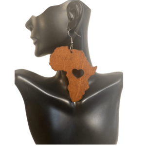 Large Wooden Africa Map Brown Women's Afro Dangle Earrings | Lightweight Statement Afrocentric Symbolic Tribal Earrings With Heart