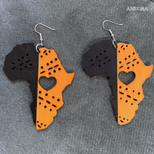 Large Wooden Africa Map Black Orange Women's Afro Dangle Earrings | Lightweight Statement Afrocentric Symbolic Tribal Earrings With Heart