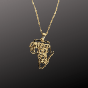 Africa Map Gold Plated Pendant Charm Fashion Necklace 24” Long Chain for Women African Elephants Tribal Ethnic