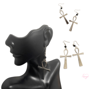 Silver Ankh Symbolic Egyptian Cross Hieroglyphic Dangle Drop African Earrings