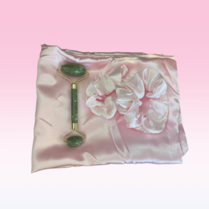 Satin Beauty Bundle | Pink Satin Pillowcase (20x26 inches) | 2 Pink Jumbo Scrunchies | Jade Facial Roller