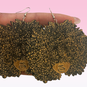 Giant Curly Black Woman with Afro Wooden Earrings | Wash and Go Curly Hair Fro