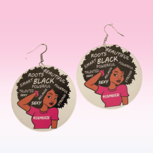 I Am Her Inspirational Afro Wooden Natural Hair Earrings | Black Queen Talented Powerful Strong Roots African Sista Dangle Earrings